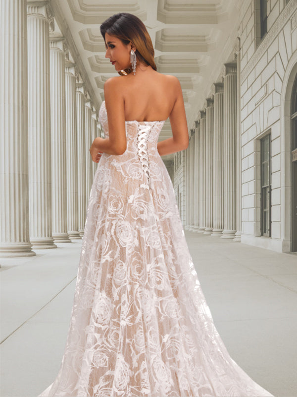 Strapless Sweetheart Lace Up Back Simple Floral Lace A-line Long Wedding Dress, WD3091