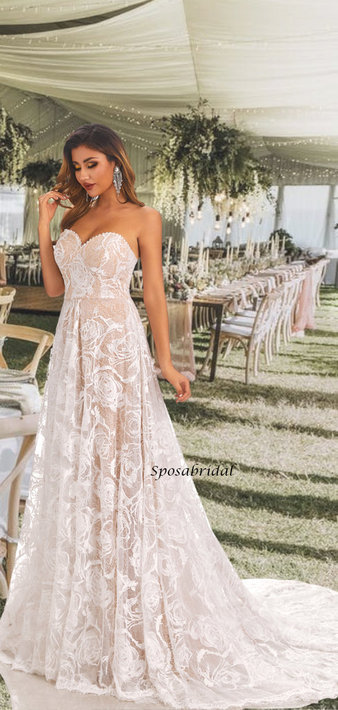 Strapless Sweetheart Lace Up Back Simple Floral Lace A-line Long Wedding Dress, WD3091