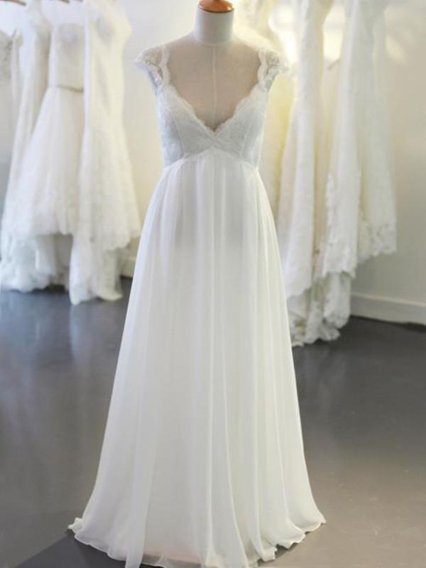 Cap Sleeve V Neck Casual Simple Beach Wedding Dresses, WD326 - SposaBridal
