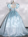 Crystal Satin Sparkly Blue Soft V-neck Princess A-line Long Prom Dress, PD3533