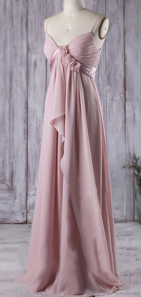 Dusty Pink Spaghetti Straps V-neck Rose Chiffon Pleats A-line Long Bridesmaid Dress, BD3226