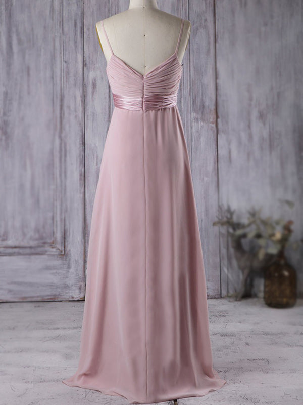 Dusty Pink Spaghetti Straps V-neck Rose Chiffon Pleats A-line Long Bridesmaid Dress, BD3226