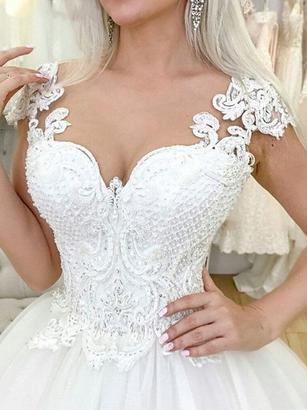 Elegant Cap Sleeve Lace Top Sweetheart A-line Long Wedding Dress, WD3051