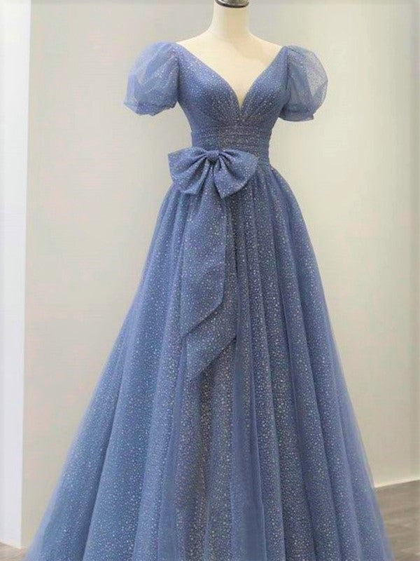 Elegant Dusty Blue Princess Bubble Cap Sleeves Sparkly A-line Long Prom Dress, PD3398