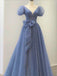 Elegant Dusty Blue Princess Bubble Cap Sleeves Sparkly A-line Long Prom Dress, PD3398