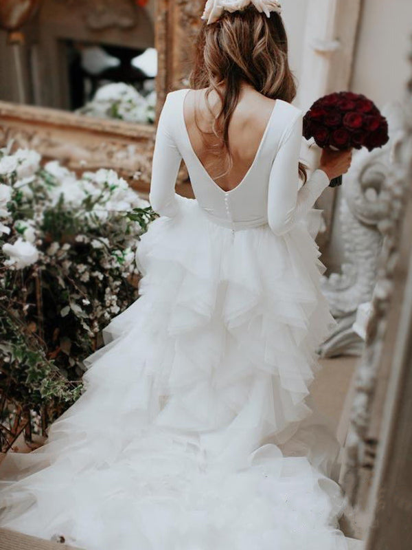 Elegant Full Neck Long Sleeves Open Back Ruffle Long Train Wedding Dress, WD3049
