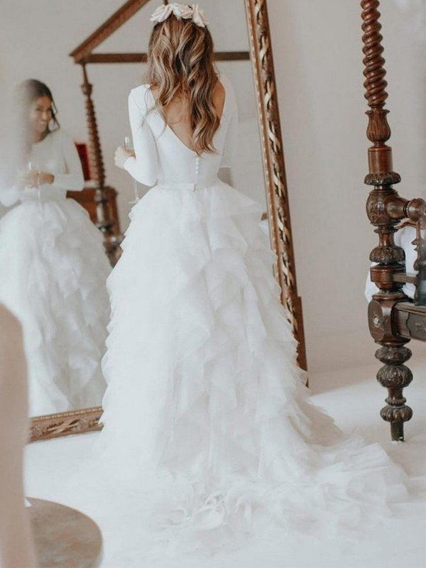 Elegant Full Neck Long Sleeves Open Back Ruffle Long Train Wedding Dress, WD3049