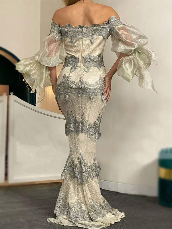 Elegant Luxury Gray And Ivory Off-shoulder Full Lace Mermaid Long Prom Dress, PD3400