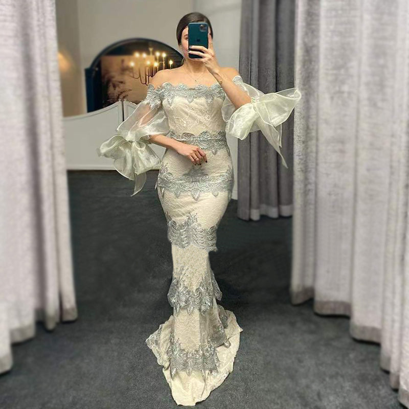 Elegant Luxury Gray And Ivory Off-shoulder Full Lace Mermaid Long Prom Dress, PD3400