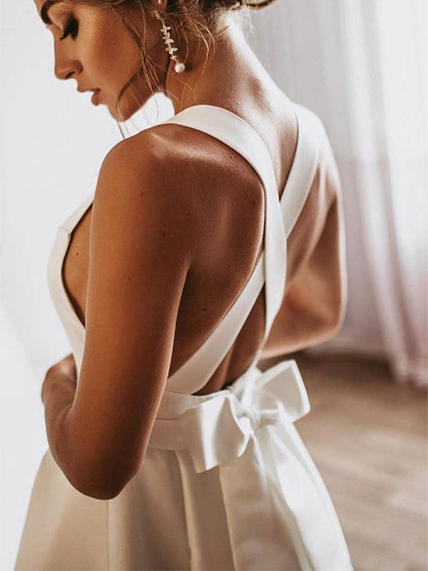 Elegant Open Back Simple Square Neck A-line Satin Wedding Dress, WD3083