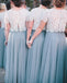 Charming Top Ivory and Blue Lace Short Sleeves A-line Prom Dress, PD0452