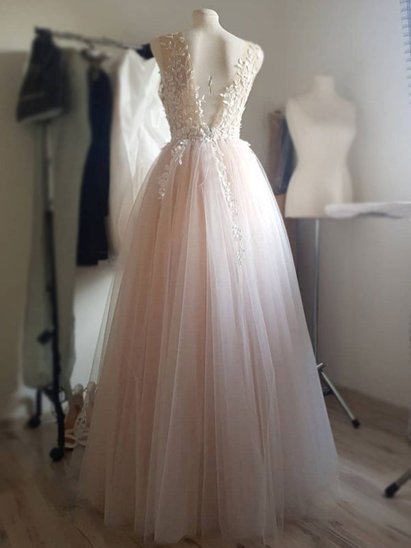 Strapless Lace Top Elegant Formal Blush Pink A-line Tulle Long Prom Dress, PD3399