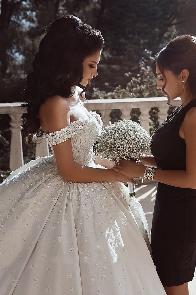 Luxury A-line Off the Shoulder Beads Vintage Long Wedding Dresses, WD0613