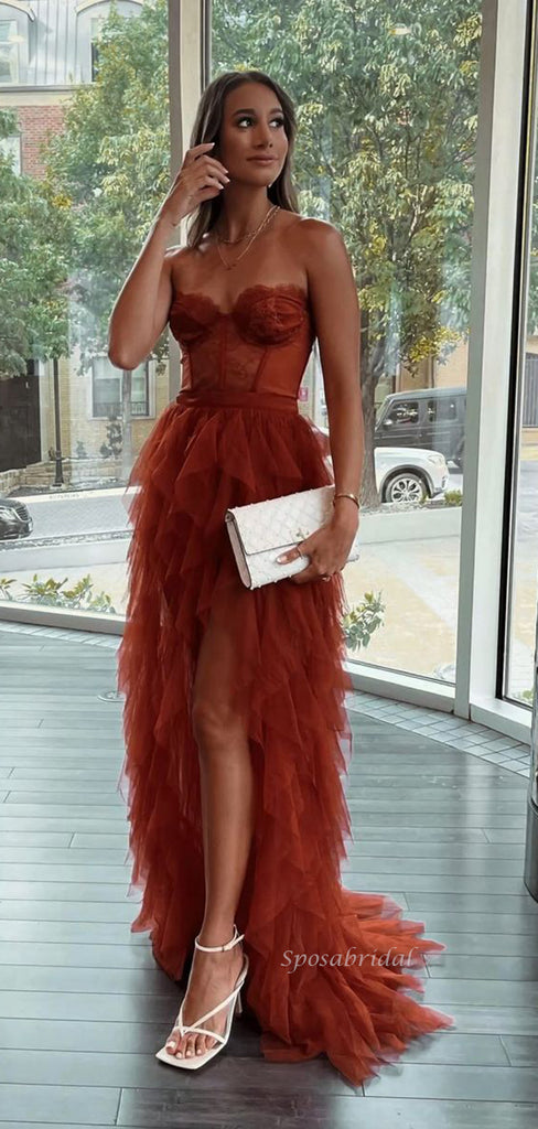Rust Red Strapless Sweetheart Sexy Side-slit Mermaid Long Prom Dress, PD3518