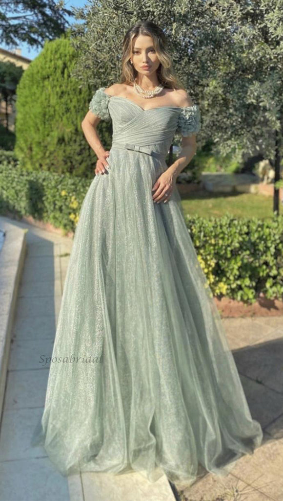 Sage Sweetheart Off-shoulder A-line Tulle Long Prom Dress, PD3389
