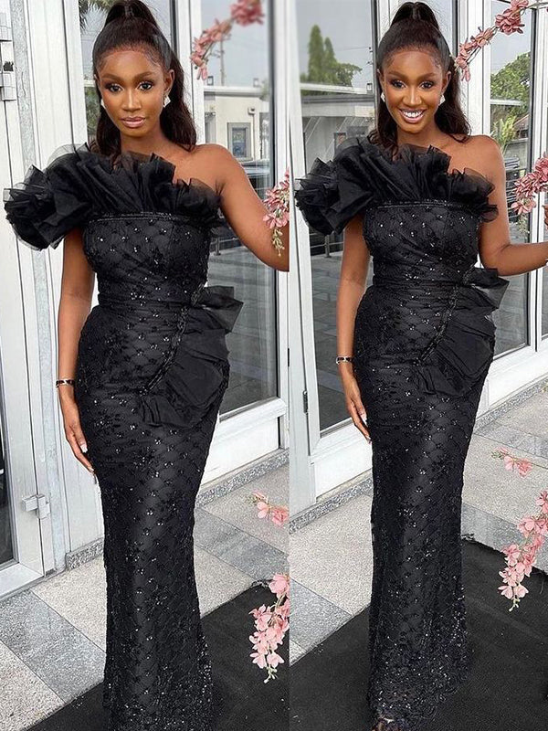 Sexy Black Sparkly One-shoulder Mermaid Long Prom Dress, PD3490
