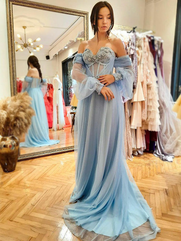 Sexy Floral Blue Strapless Sweetheart A-line Long Prom Dress, PD3495
