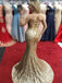 Sexy Gold Halter V-neck Side-slit Open Back Mermaid Long Prom Dress, PD3401