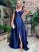 Sexy Navy Blue Bow Tie Neck Ruffle Straps A-line Side-slit Long Prom Dress, PD3497