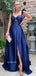 Sexy Navy Blue Bow Tie Neck Ruffle Straps A-line Side-slit Long Prom Dress, PD3497