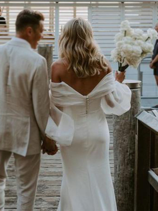 Sexy Off-shoulder Off-white Middle-slit Long Sleeves Long Train Mermaid Wedding Dress, WD3073