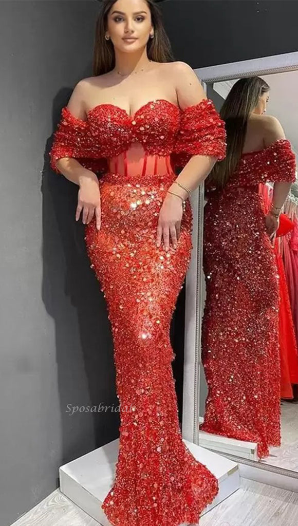 Sexy Off-shoulder Red Sparkly Sweetheart Mermaid Long Prom Dress, PD3432