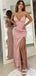 Sexy Pink Spaghetti Straps Open Back V-neck Mermaid Side-slit Long Prom Dress, PD3504