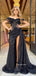 Sexy Sparkly Black Off-shoulder Sweetheart Side-slit A-line Long Prom Dress, PD3500