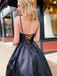 Simple Sexy Black Spaghetti-straps V-neck Beads A-line Long Peom Dress, PD3258