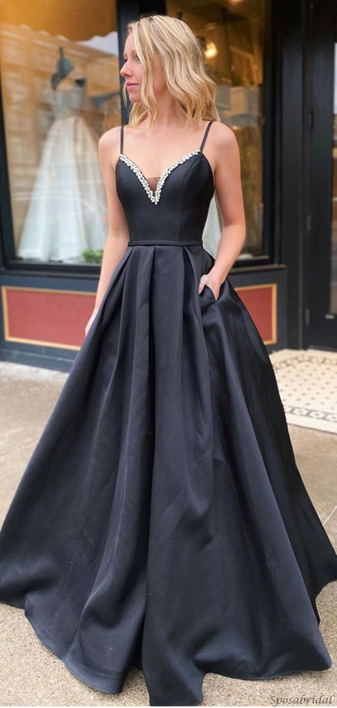 Simple Sexy Black Spaghetti-straps V-neck Beads A-line Long Peom Dress, PD3258