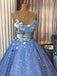 Sparkly Blue Spaghetti Straps Floral Top A-line Long Prom Dress, PD3242