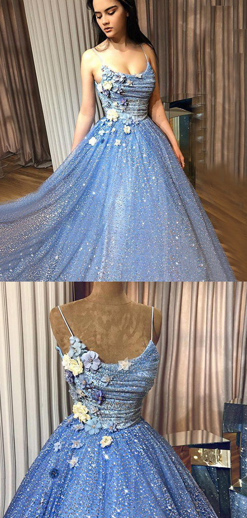 Sparkly Blue Spaghetti Straps Floral Top A-line Long Prom Dress, PD3242