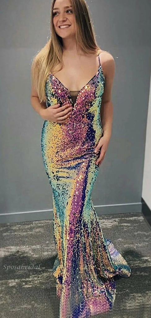 Sparkly Laser Sequin V-neck Spaghetti Straps Mermiad Long Prom Dress, PD3505