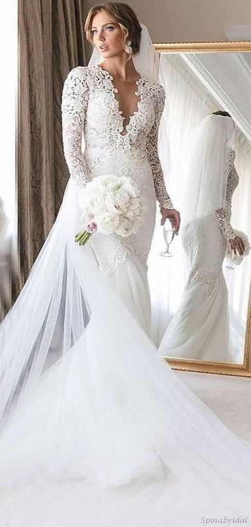 V-neck Long Sleeves Lace Top Mermaid Long Tail Wedding Dress, WD3063