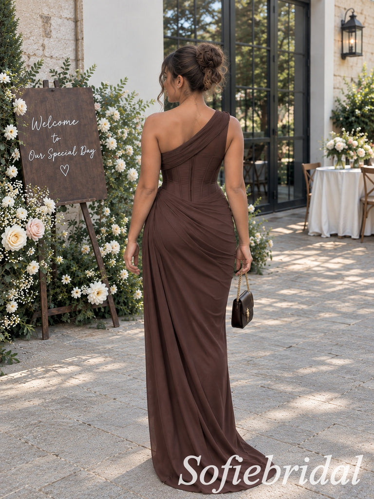 Luxury Brown Chiffon One Shoulder Bridesmaid Dress With Corset Bodice Draped Skirt, BD3479
