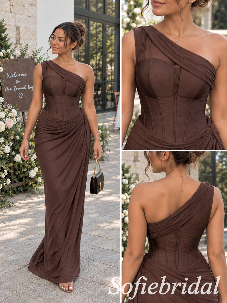 Luxury Brown Chiffon One Shoulder Bridesmaid Dress With Corset Bodice Draped Skirt, BD3479