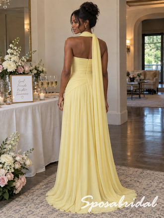 Elegant Strapless Chiffon Ruched Yellow Evening Gown With Neck Sash,BD3489
