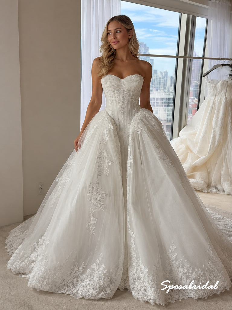 Strapless Backless Lace Ball Gown Wedding Dress, Voluminous Cathedral Train Bridal Gown, WD3156
