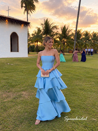 Sky Blue Strapless Satin A-Line Gown, Tiered Ruffle Skirt Formal Prom Evening Dress, PD4368