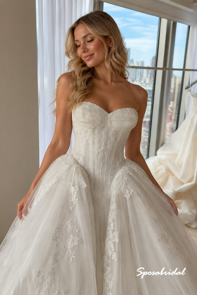 Strapless Backless Lace Ball Gown Wedding Dress, Voluminous Cathedral Train Bridal Gown, WD3156