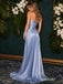 Dusty Blue Strapless Ruched Satin Evening Gown, Bow Accent Pleated Skirt Formal Prom Dress, PD4372