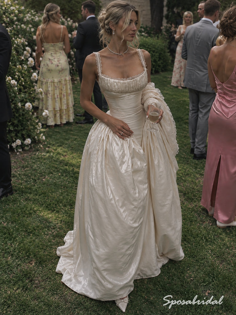 Square Neck Spaghetti Strap Taffeta Ballgown Wedding Dress, Lace Trim Corset Floor Length Bridal Gown,WD3138