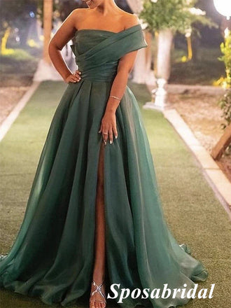 Elegant Organza Satin One Shoulder Sleeveless Side Slit A-Line Long Prom Dresses, PD3908