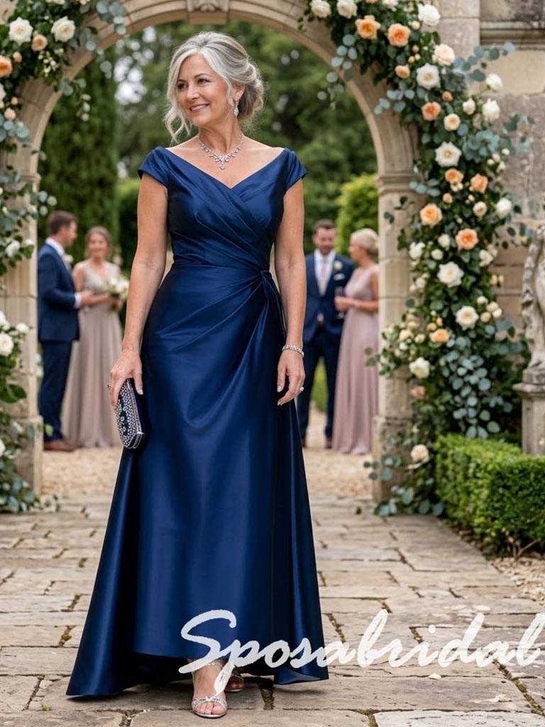 Elegant Navy Blue Draped Satin Cap Sleeves Mother Of The Bride Gown, SFM024