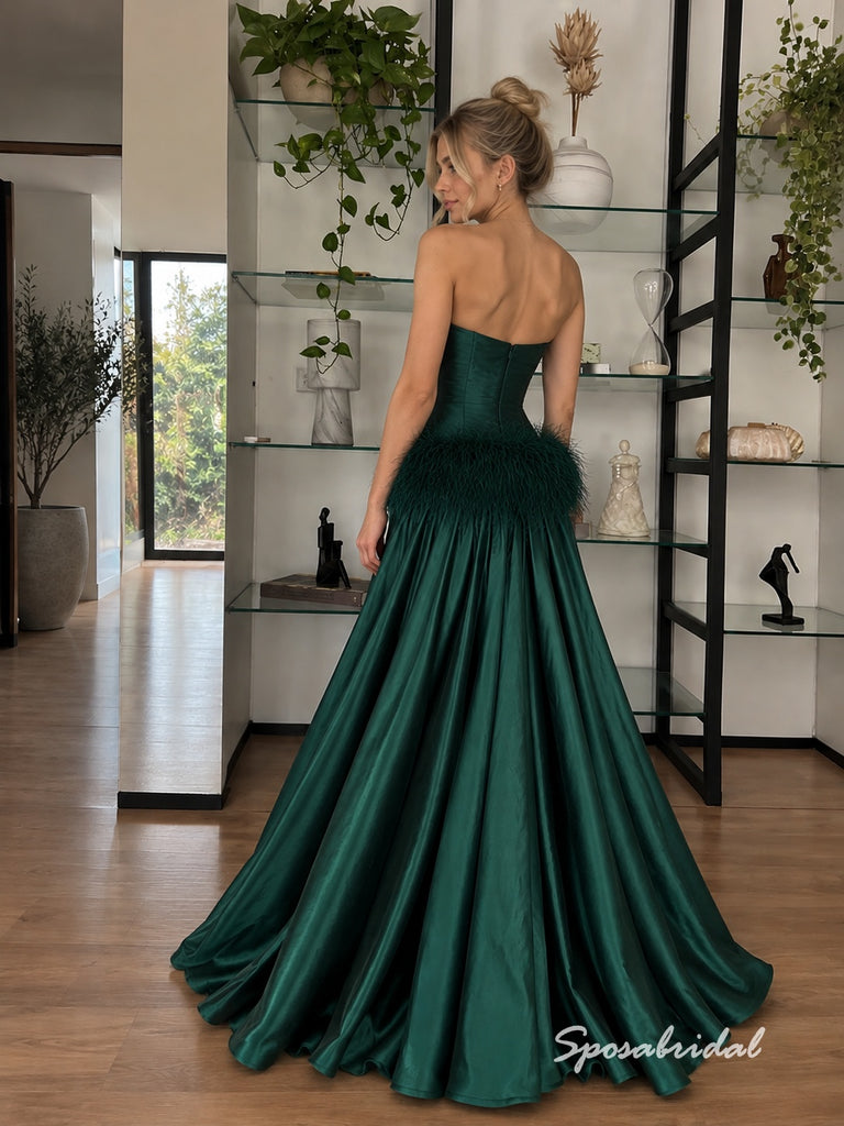 Emerald Green Satin Strapless Feather Trim Ball Gown Floor Length Evening Dress,PD4340
