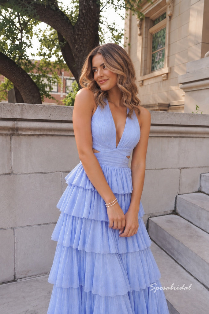 Halter Light Blue Glitter Tulle Prom Dress, Deep V Cutout Tiered Ruffle Formal Evening Gown,PD4362