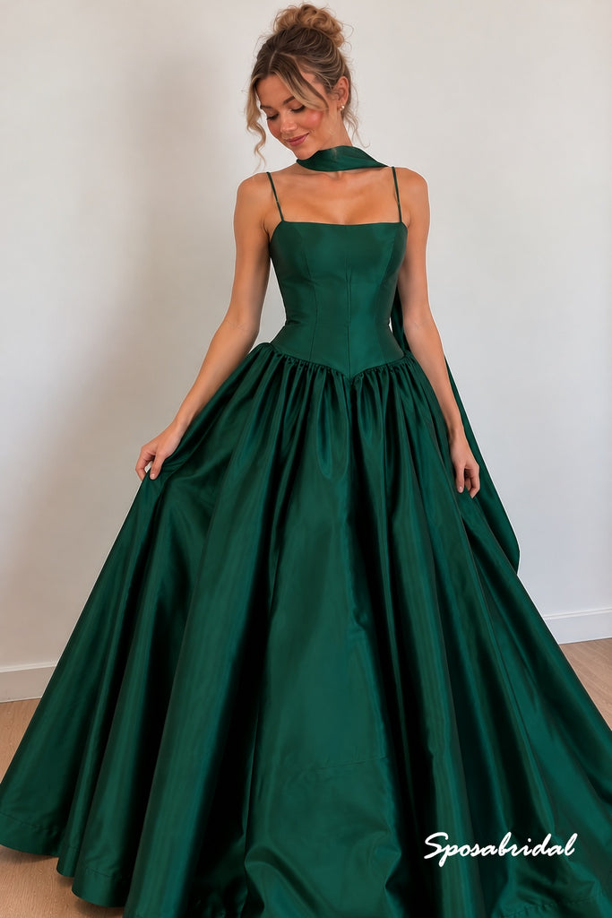 Emerald Green Satin Ball Gown Evening Dress, Spaghetti Strap Formal Gown, PD4385