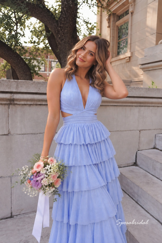 Halter Light Blue Glitter Tulle Prom Dress, Deep V Cutout Tiered Ruffle Formal Evening Gown,PD4362