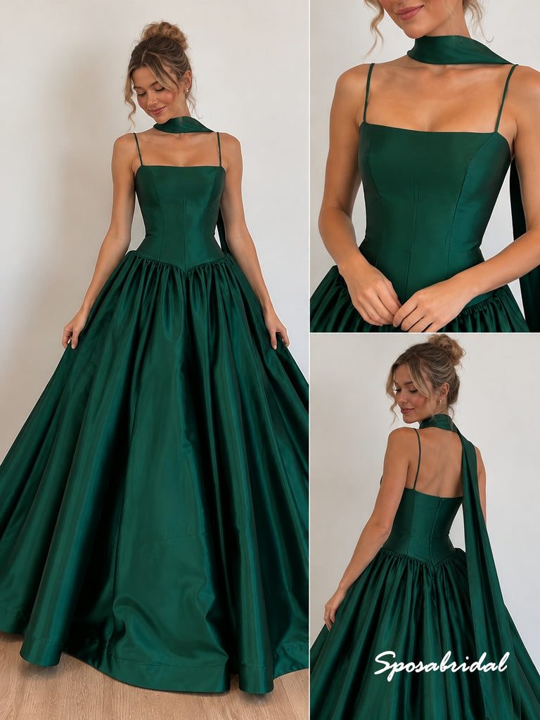 Emerald Green Satin Ball Gown Evening Dress, Spaghetti Strap Formal Gown, PD4385
