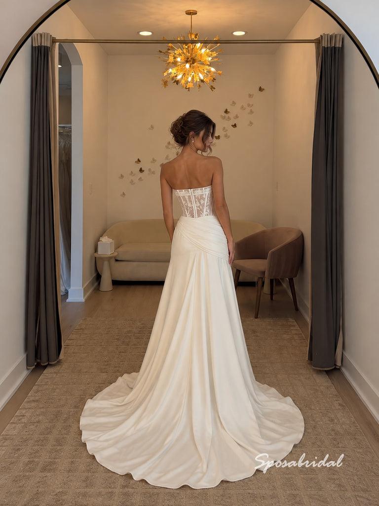Strapless Corset Satin Mermaid Wedding Dress, Sheer Lace Back Draped Bridal Gown, WD3148